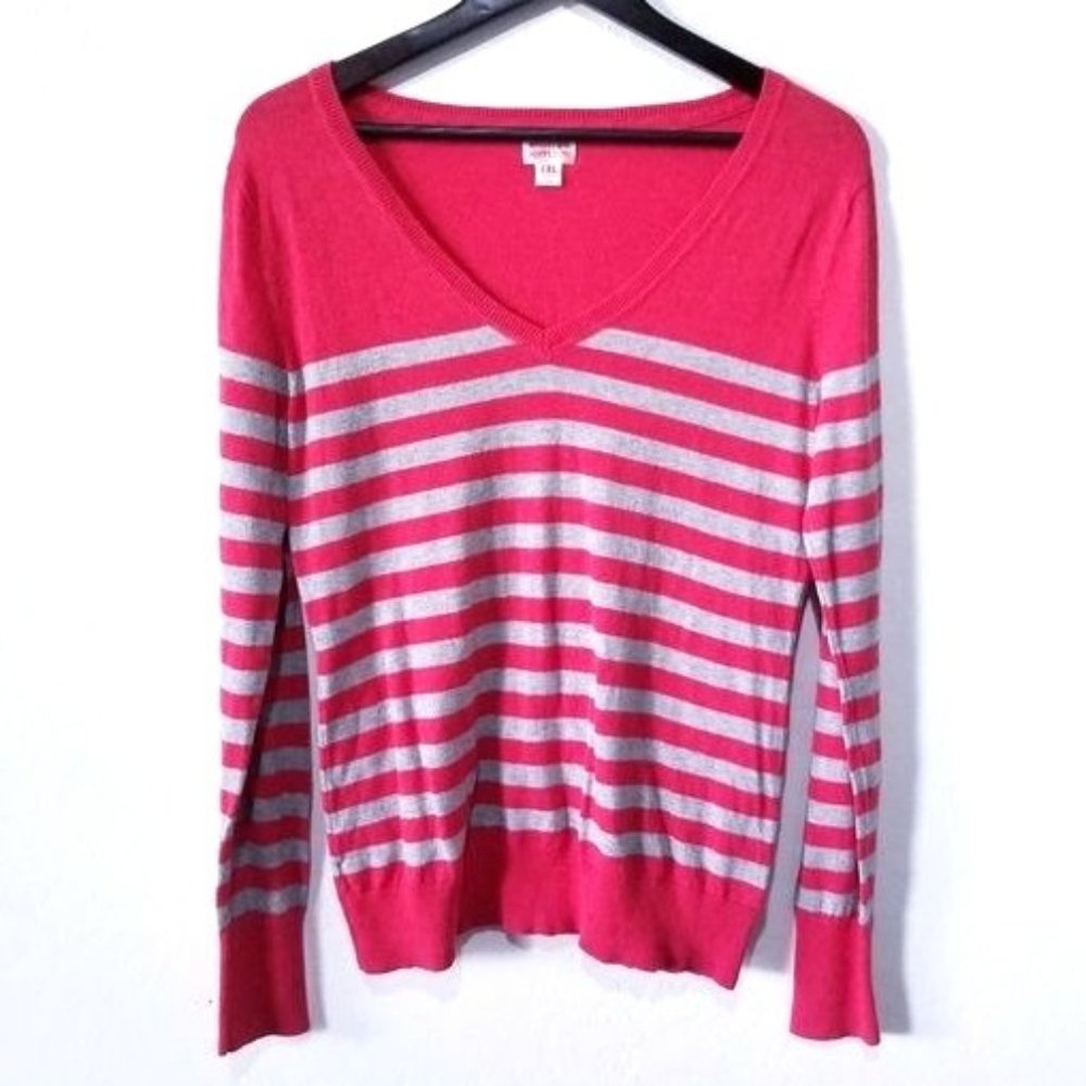 Mossimo Supply Co. Pink and Gray Striped V-Neck Sweater